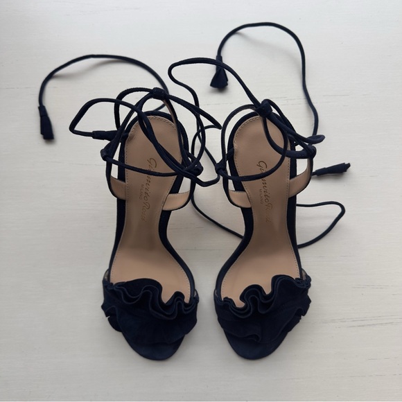 Gianvito Rossi Shoes - Gianvito Rossi Flora 85 Suede Lace-Up Heels – Navy – Size 35